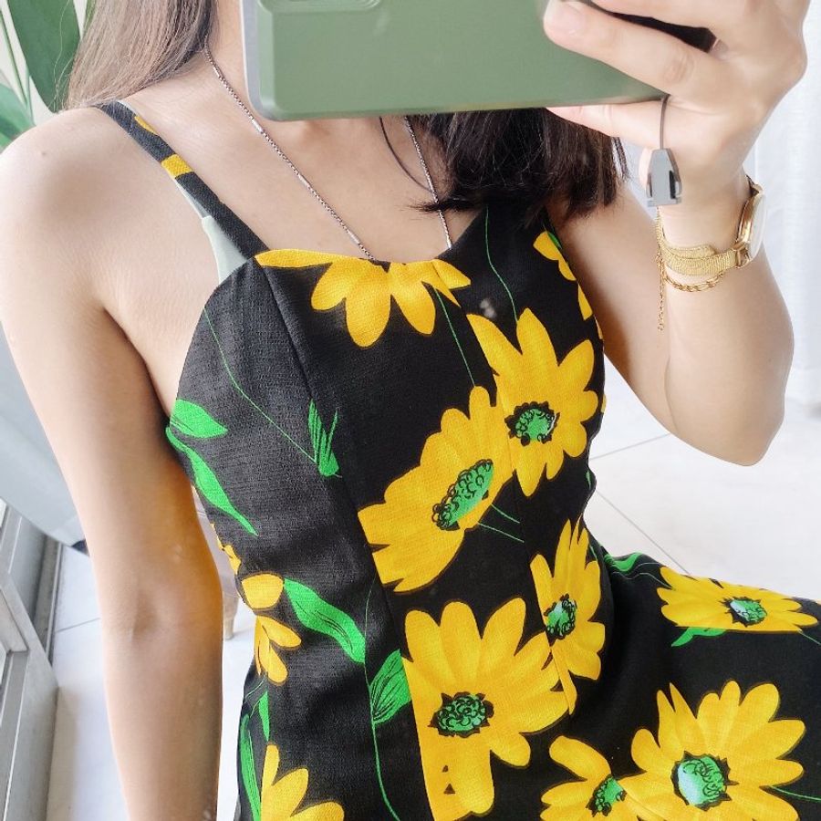 向日葵細肩夏季豔陽戀愛少女 紡紗連身裙洋裝A字裙擺長裙 dress-7