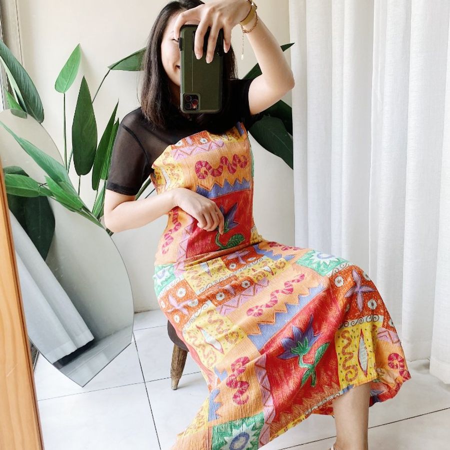 涼日夏威夷綻放花開休閒時光 棉麻質連身裙洋裝上衣長裙 dress-0