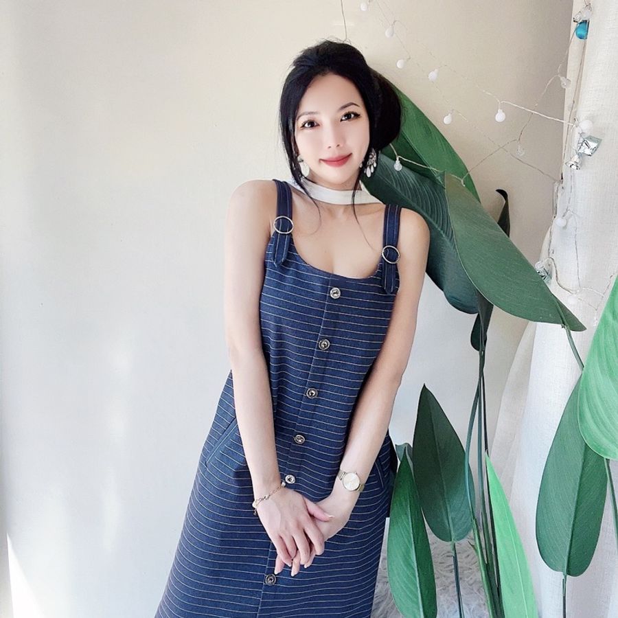 ILEY 依蕾經典細橫條 古董古著牛仔連身吊 帶洋装連衣裙 vintage-0