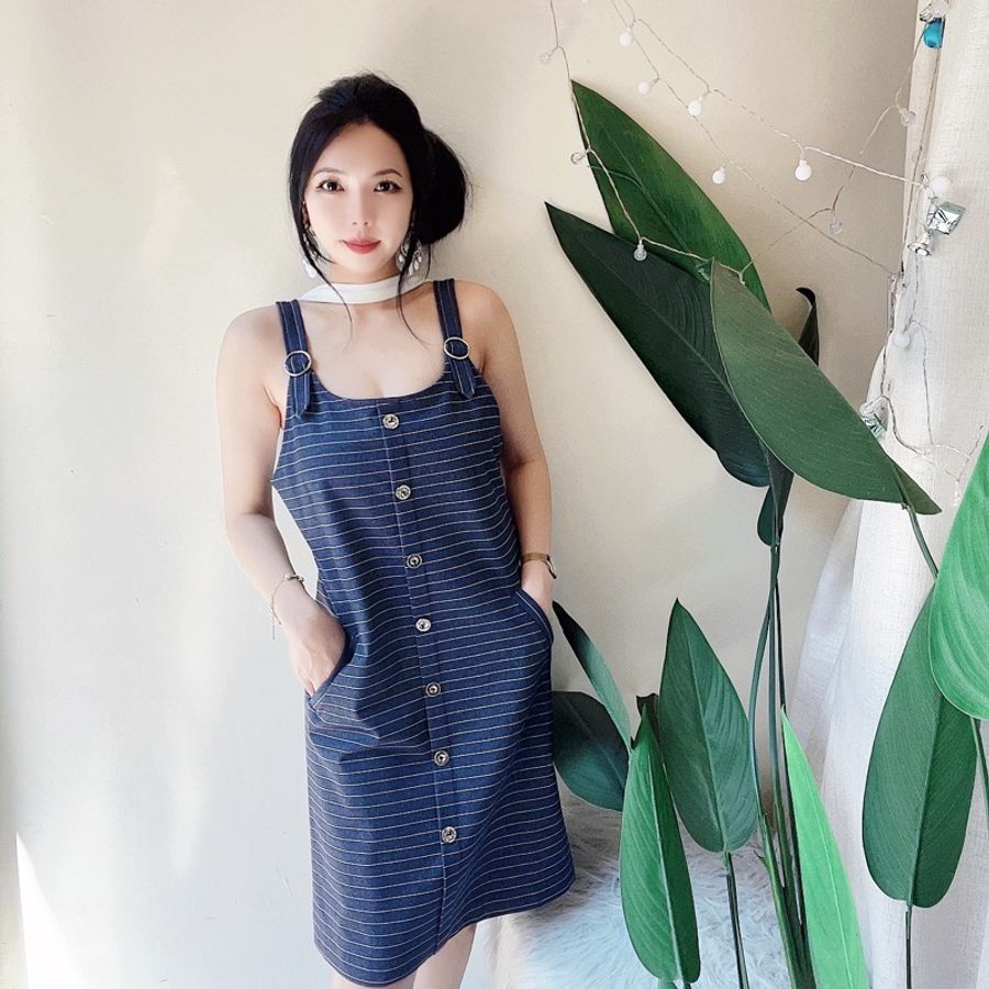 ILEY 依蕾經典細橫條 古董古著牛仔連身吊 帶洋装連衣裙 vintage-1