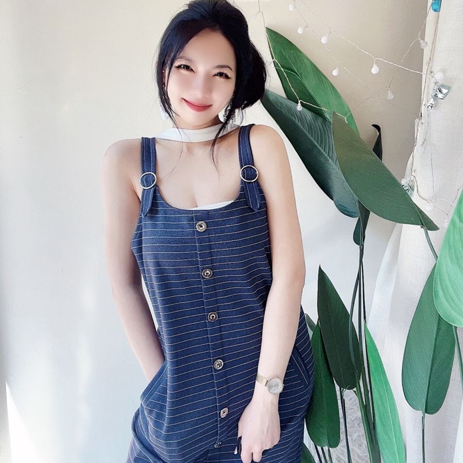 ILEY 依蕾經典細橫條 古董古著牛仔連身吊 帶洋装連衣裙 vintage-3