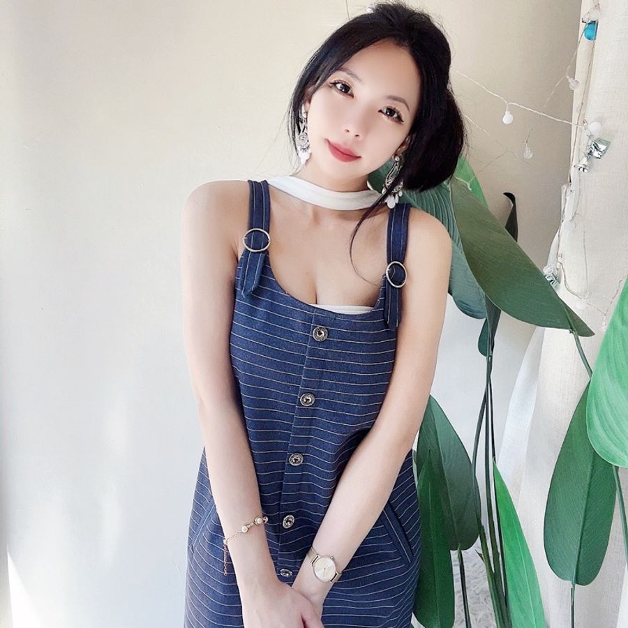 ILEY 依蕾經典細橫條 古董古著牛仔連身吊 帶洋装連衣裙 vintage-5