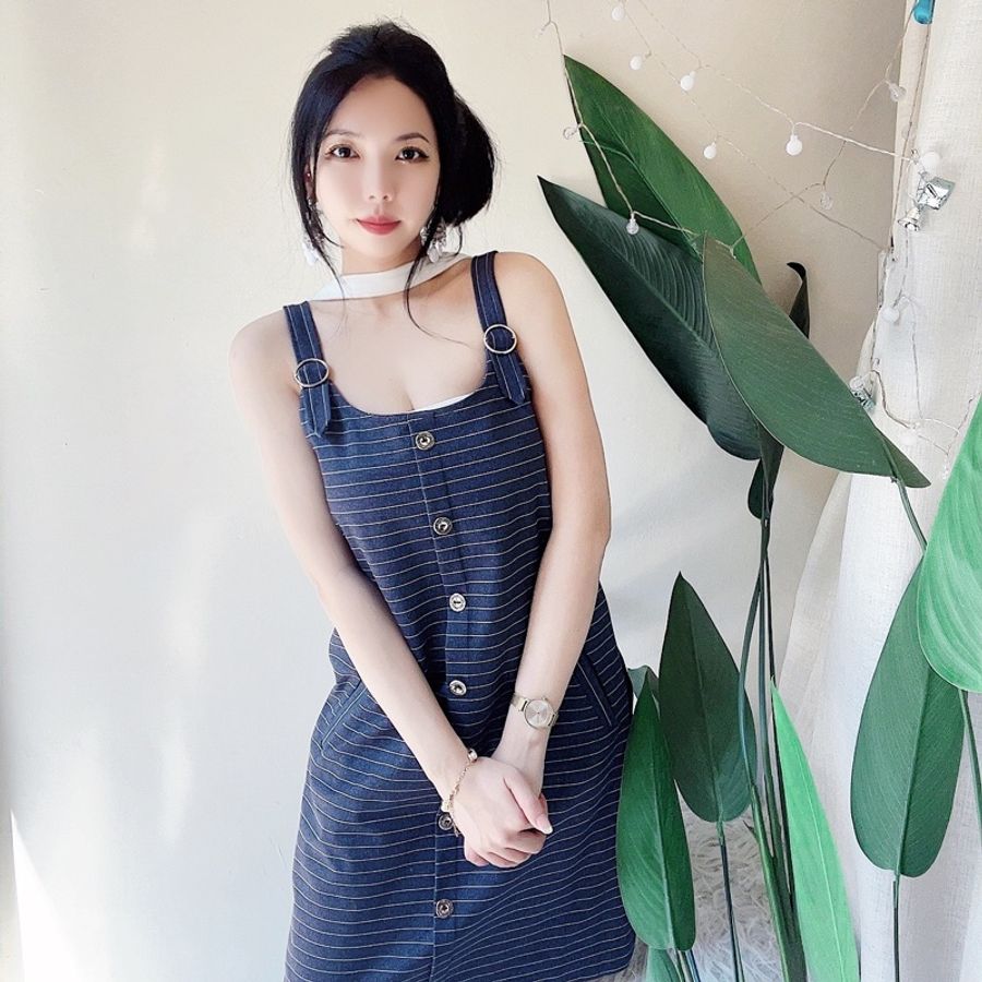 ILEY 依蕾經典細橫條 古董古著牛仔連身吊 帶洋装連衣裙 vintage-6