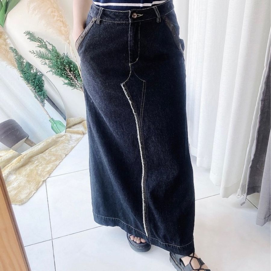 暗黑x拼真皮革抽鬚後開叉 棉質牛仔下身 裙裙A字長裙 skirt vintage-7