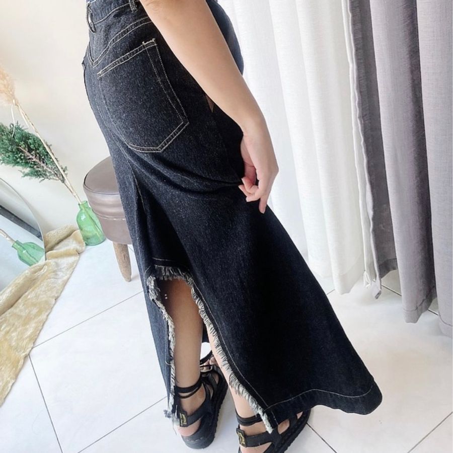 暗黑x拼真皮革抽鬚後開叉 棉質牛仔下身 裙裙A字長裙 skirt vintage-10