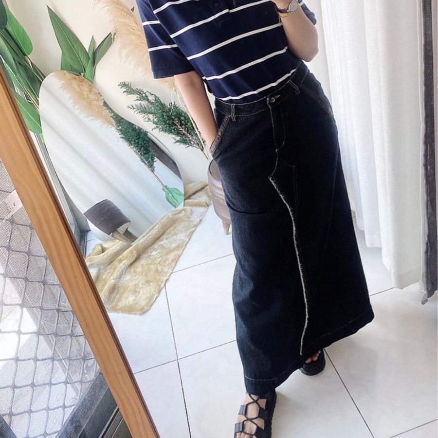 暗黑x拼真皮革抽鬚後開叉 棉質牛仔下身 裙裙A字長裙 skirt vintage-11