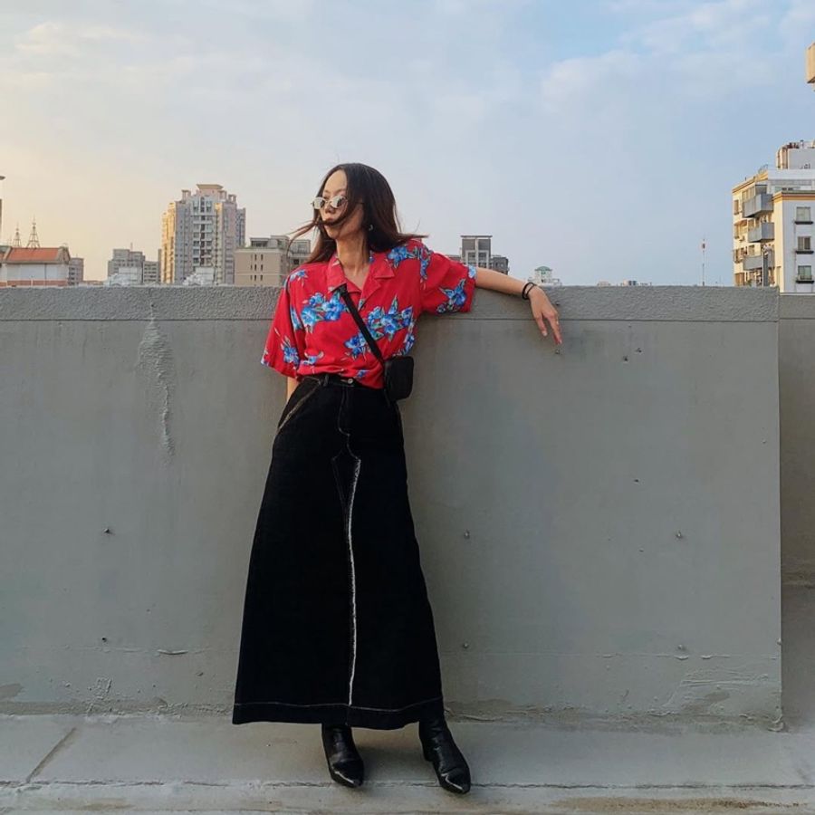 暗黑x拼真皮革抽鬚後開叉 棉質牛仔下身 裙裙A字長裙 skirt vintage-1