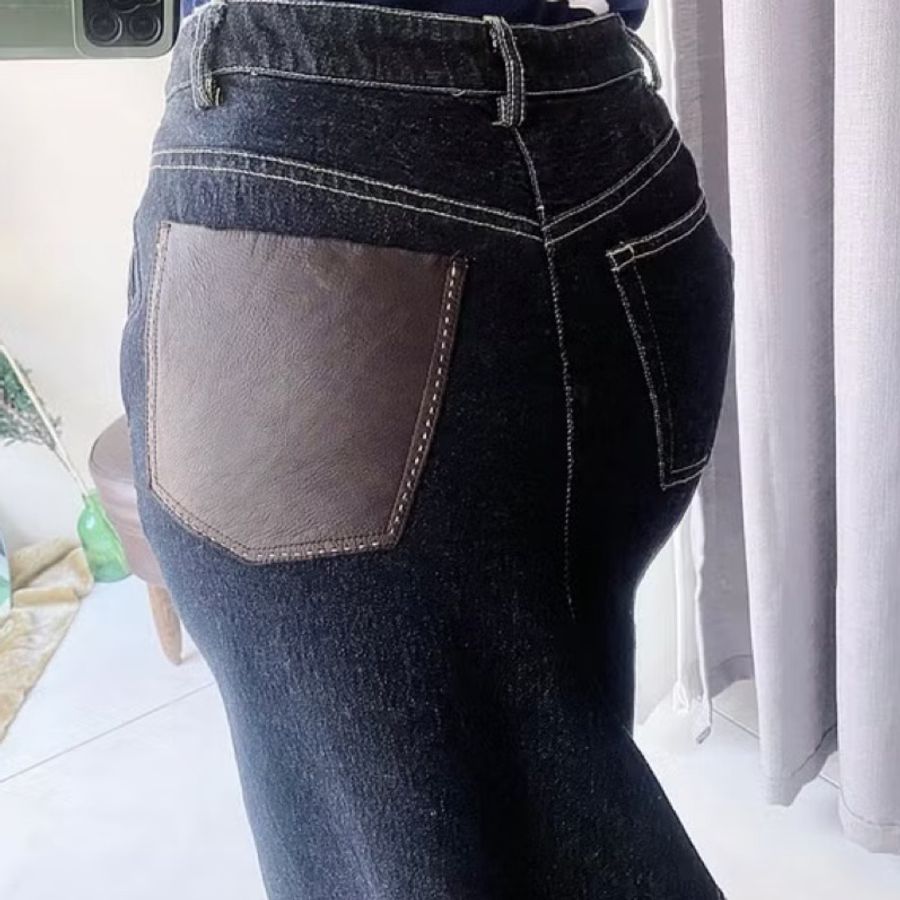 暗黑x拼真皮革抽鬚後開叉 棉質牛仔下身 裙裙A字長裙 skirt vintage-4