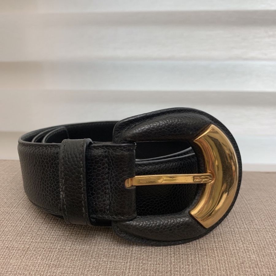 vintage Salvatore Ferragamo 經典黑金拼色荔枝皮革腰帶皮帶-0