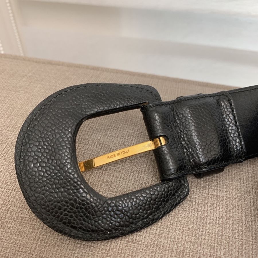 vintage Salvatore Ferragamo 經典黑金拼色荔枝皮革腰帶皮帶-2