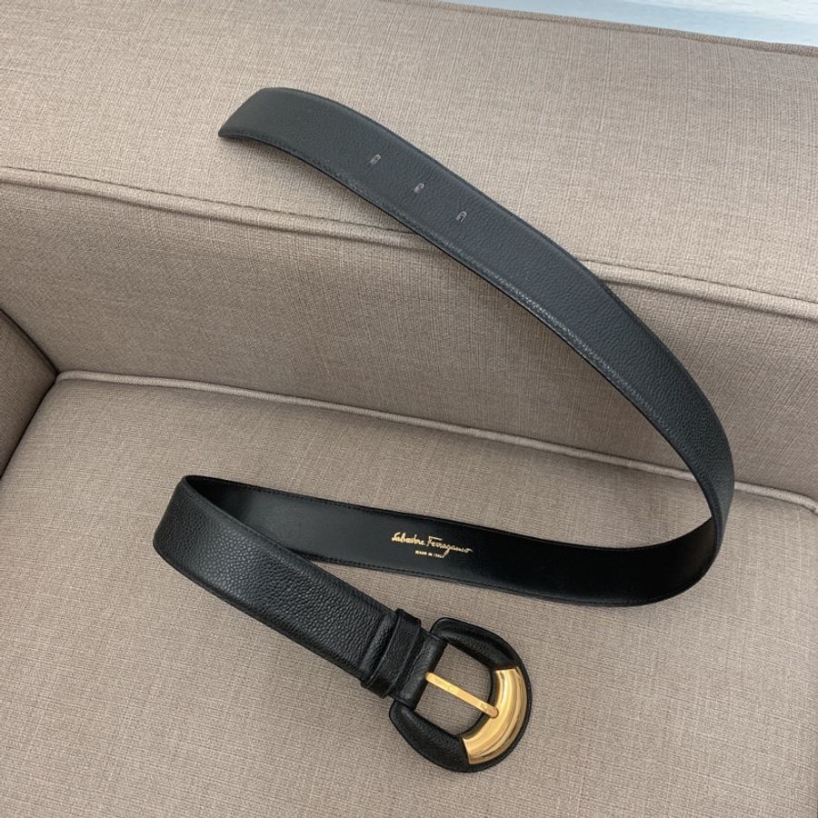vintage Salvatore Ferragamo 經典黑金拼色荔枝皮革腰帶皮帶-4