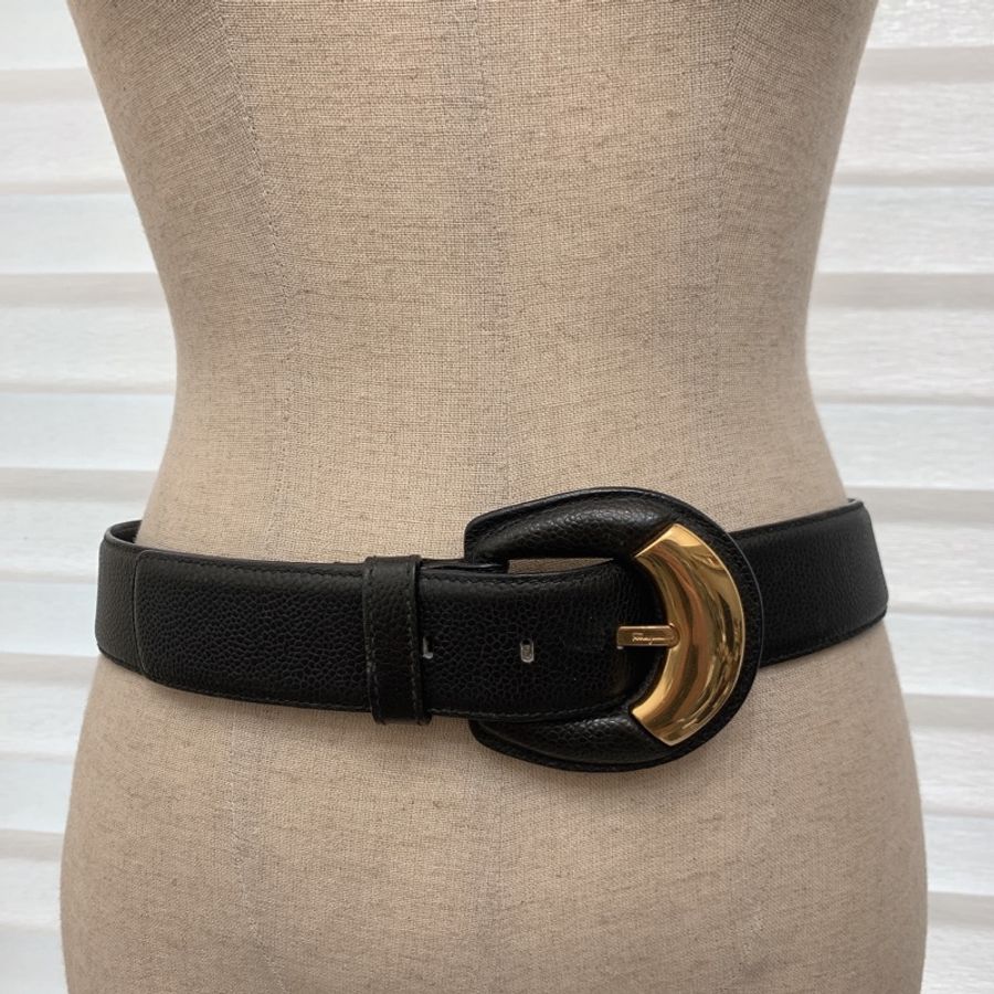vintage Salvatore Ferragamo 經典黑金拼色荔枝皮革腰帶皮帶-6