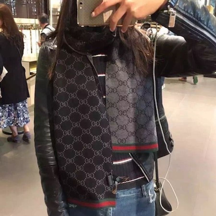 GUCCI 羊毛雙G LOGO配條紋長款圍巾 180x23cm 黑 灰-4