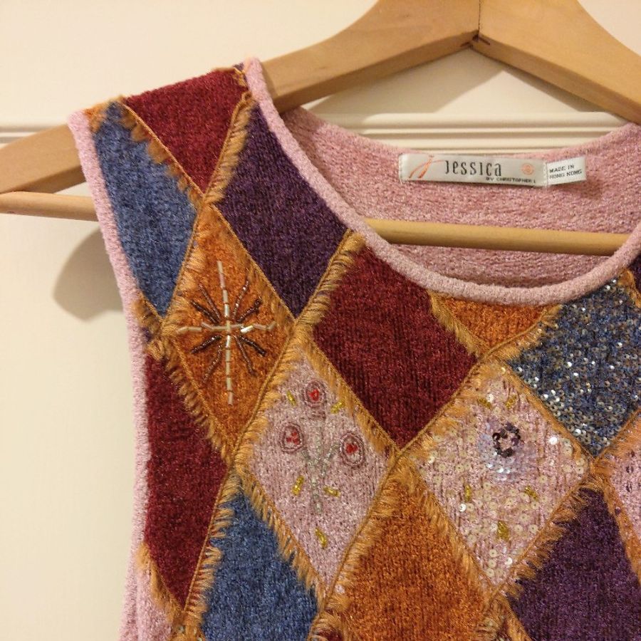 Jessica 粉紫色菱格紋刺繡亮片針織背心-2