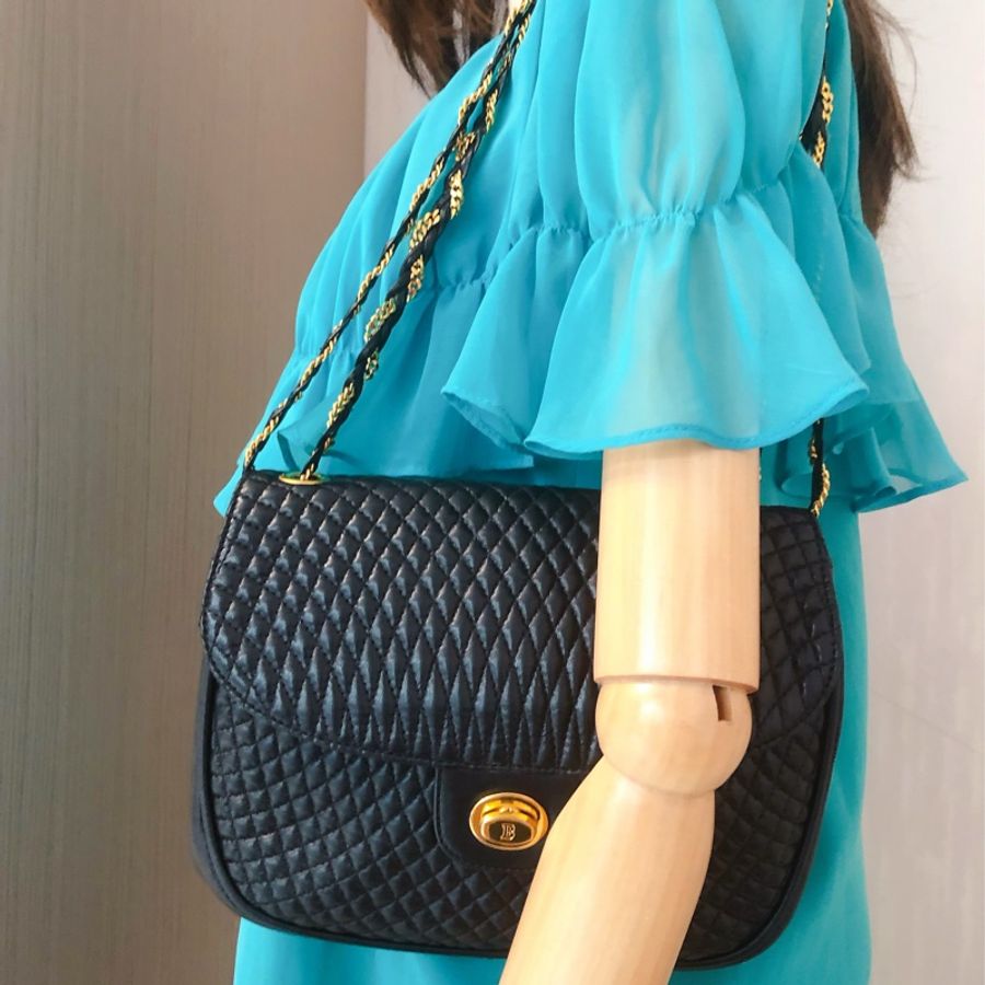 BALLY 黑色菱格紋 羊皮鏈帶包 vintage-0