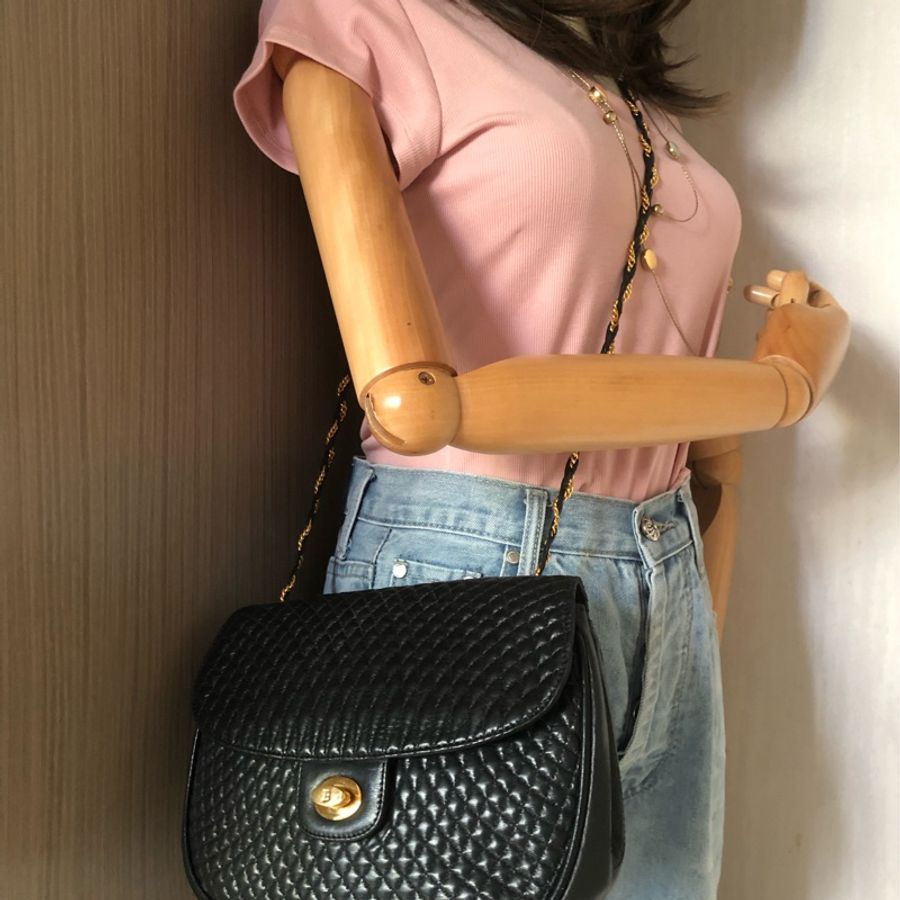 BALLY 黑色菱格紋 羊皮鏈帶包 vintage-8
