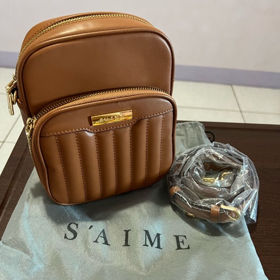 S’AIME 真皮縫線吐司直式包 東京企劃 咖啡色-0