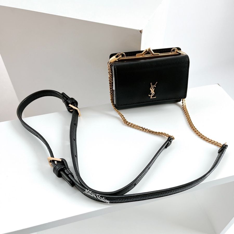 〈YSL〉黑金LOGO鏈帶可拆短夾腰包三用-1