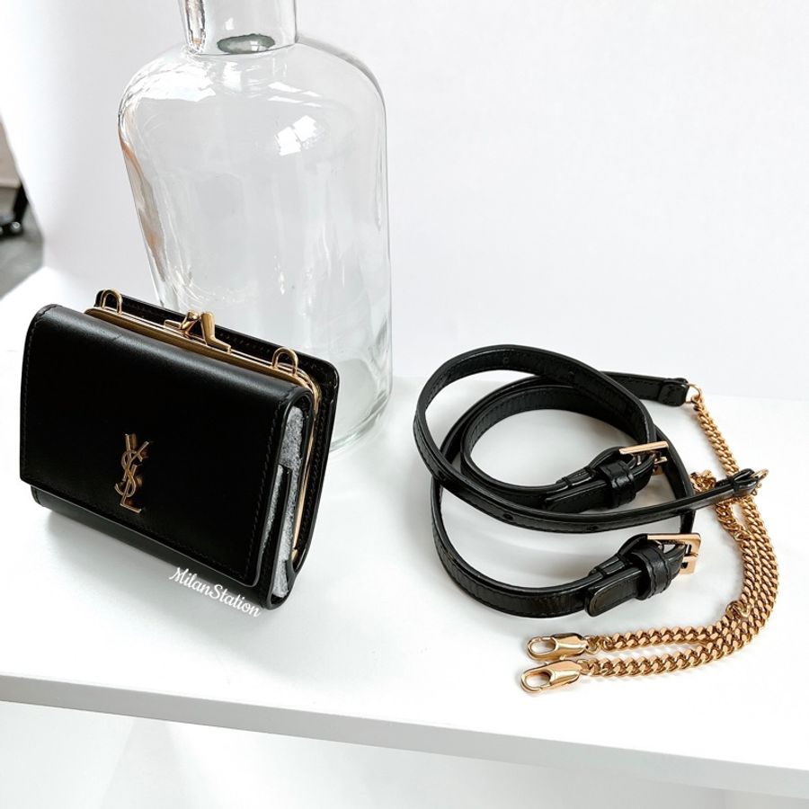 〈YSL〉黑金LOGO鏈帶可拆短夾腰包三用-2