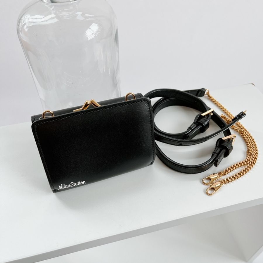 〈YSL〉黑金LOGO鏈帶可拆短夾腰包三用-3