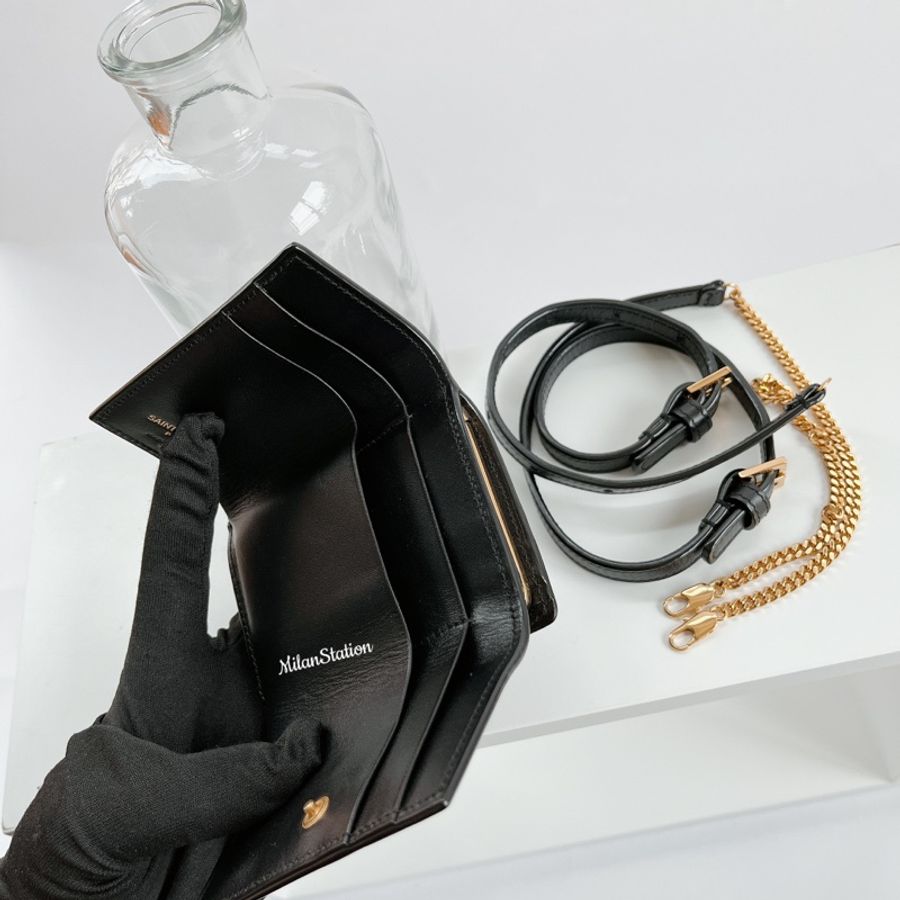 〈YSL〉黑金LOGO鏈帶可拆短夾腰包三用-5