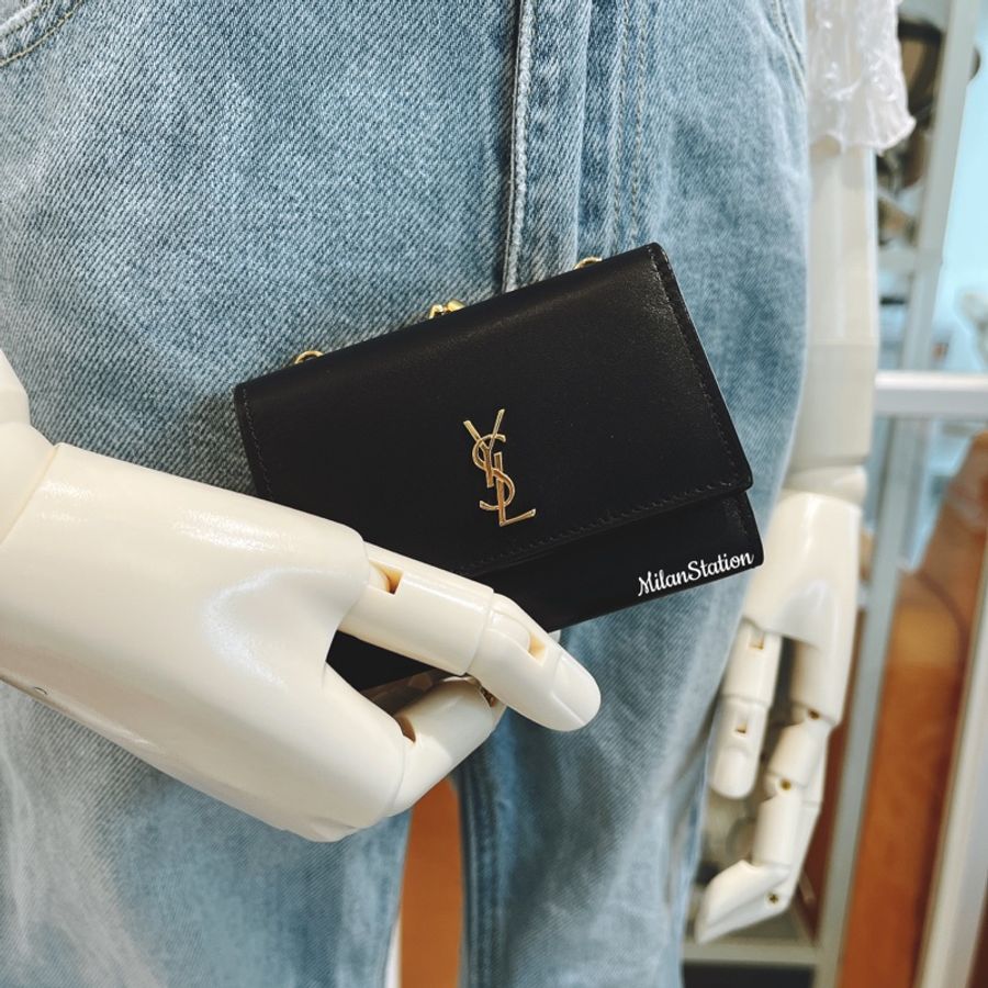 〈YSL〉黑金LOGO鏈帶可拆短夾腰包三用-8