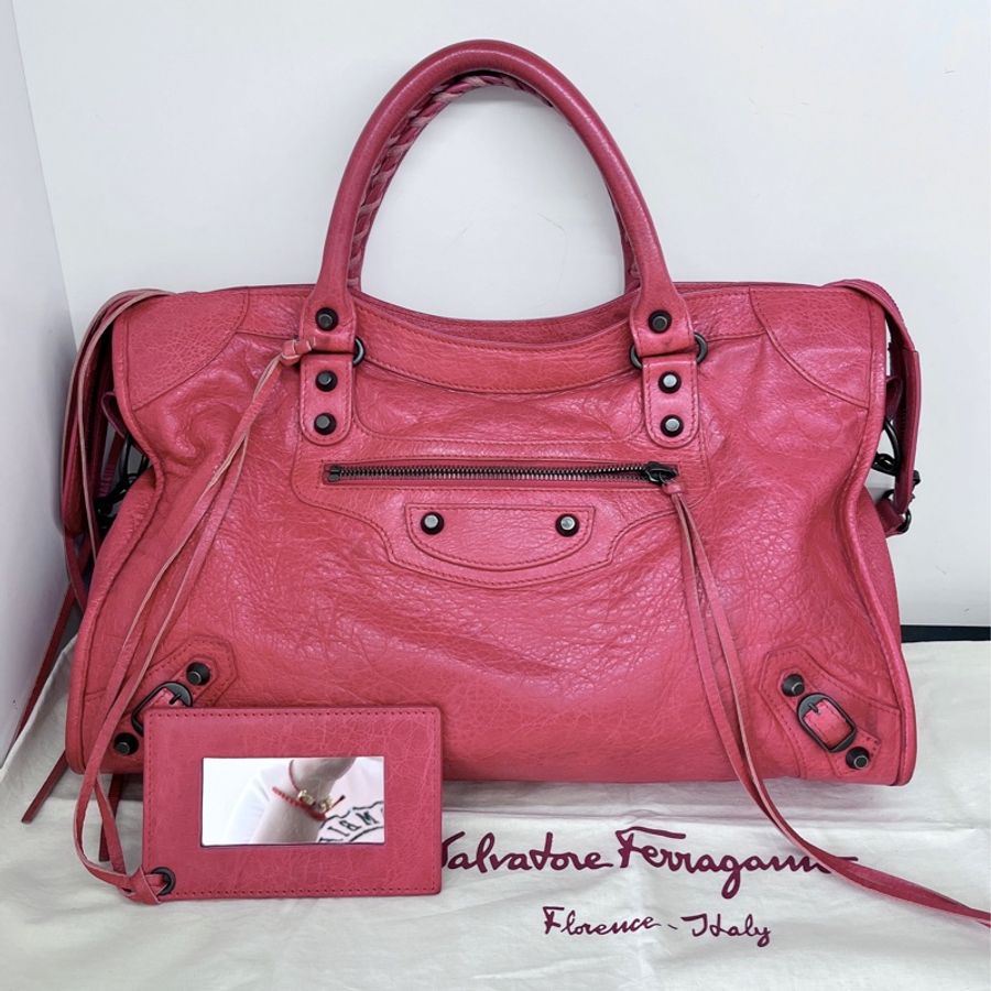 BALENCIAGA 巴黎世家 city 莓紅 全皮 小釦 手提包 肩背包 機車包-0