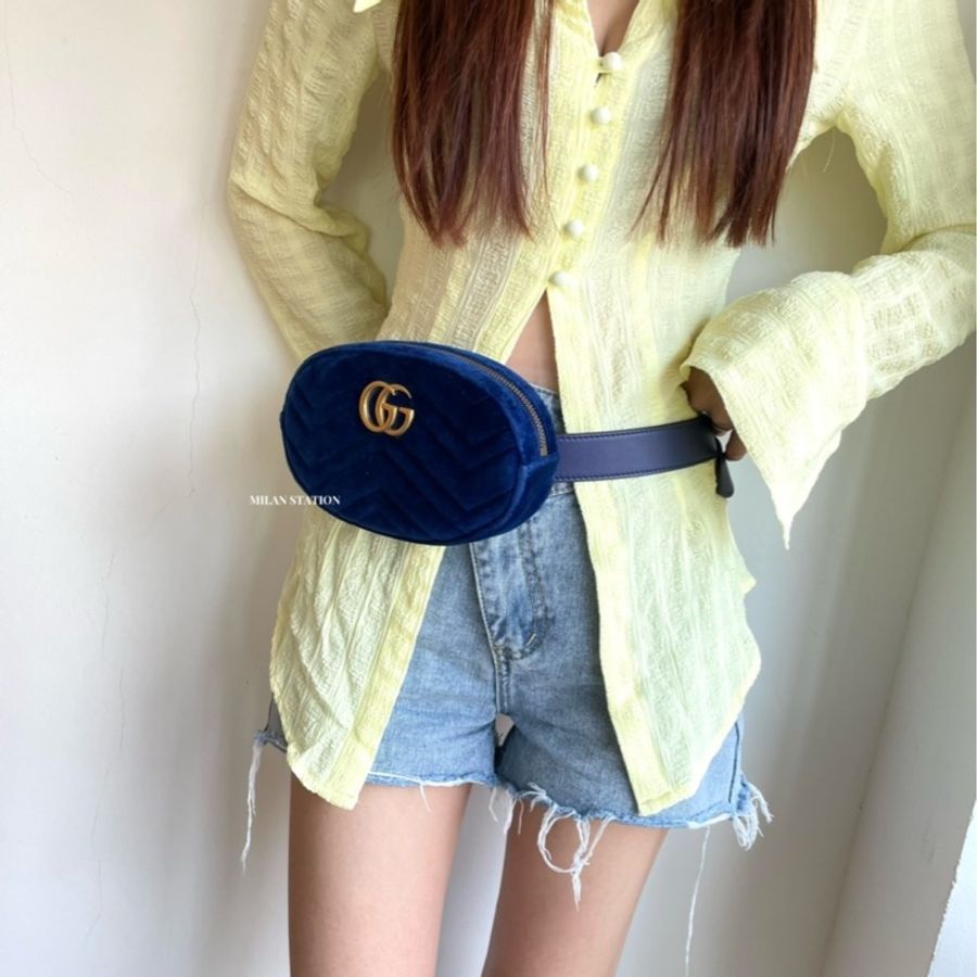 GUCCI 古馳 MARMONT 寶藍色 麂皮 腰包 95CM-8