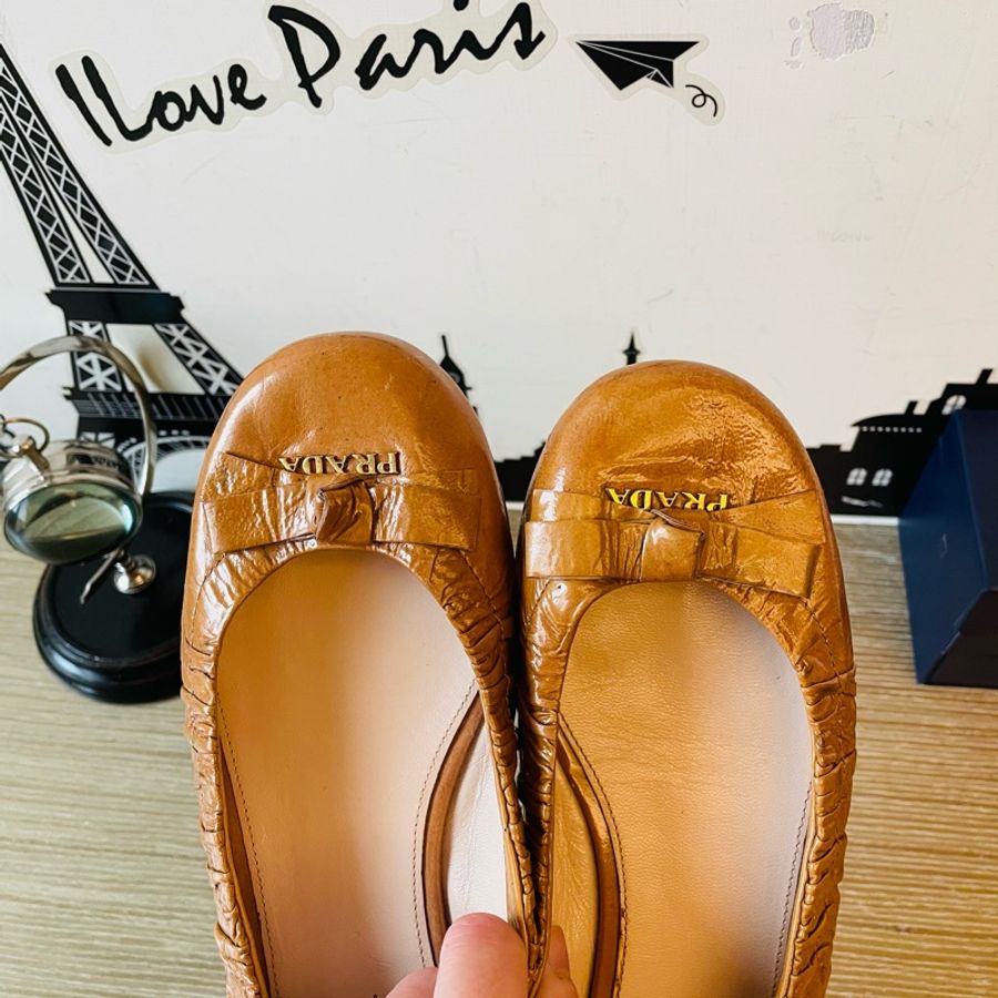 二手正品PRADA 金棕色平底娃娃鞋（37號附LV防塵套）-7