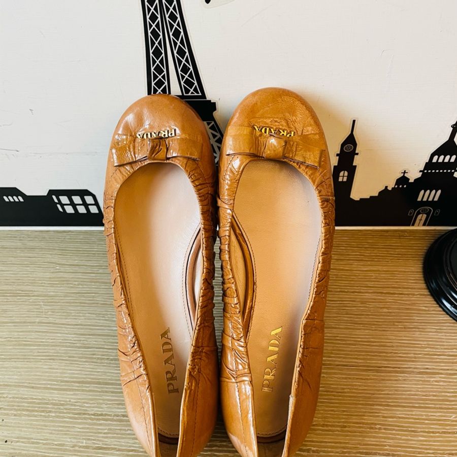 二手正品PRADA 金棕色平底娃娃鞋（37號附LV防塵套）-9