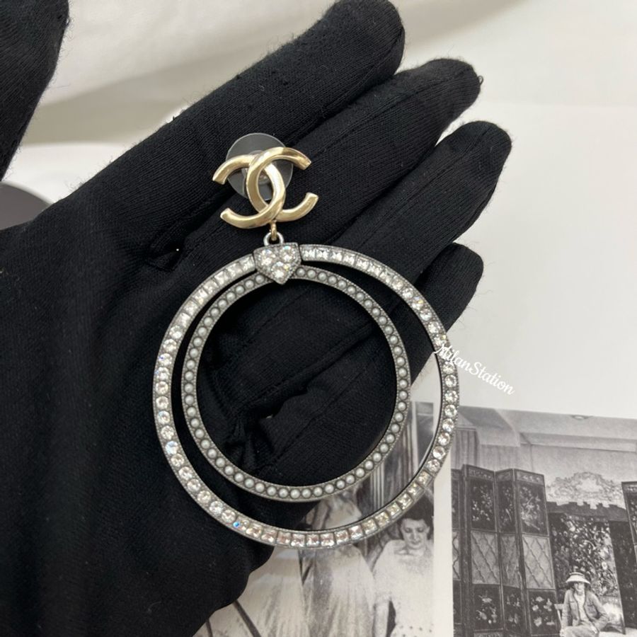 〈 CHANEL〉雙圈logo吊墜耳環-3