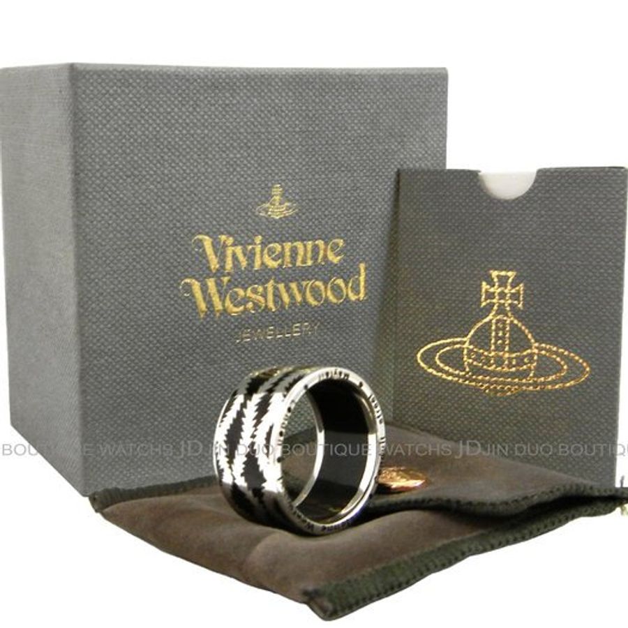 金鐸精品~2178 Vivienne Westwood 薇薇安·魏斯伍德 925銀飾黑色琺瑯XL號寬版 戒指-0