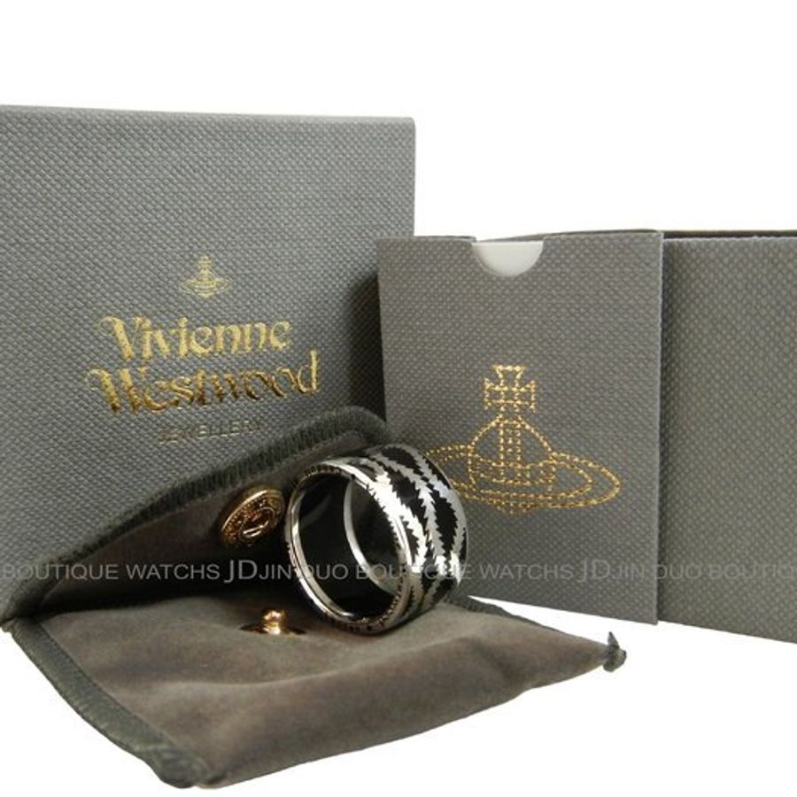 金鐸精品~2178 Vivienne Westwood 薇薇安·魏斯伍德 925銀飾黑色琺瑯XL號寬版 戒指-3