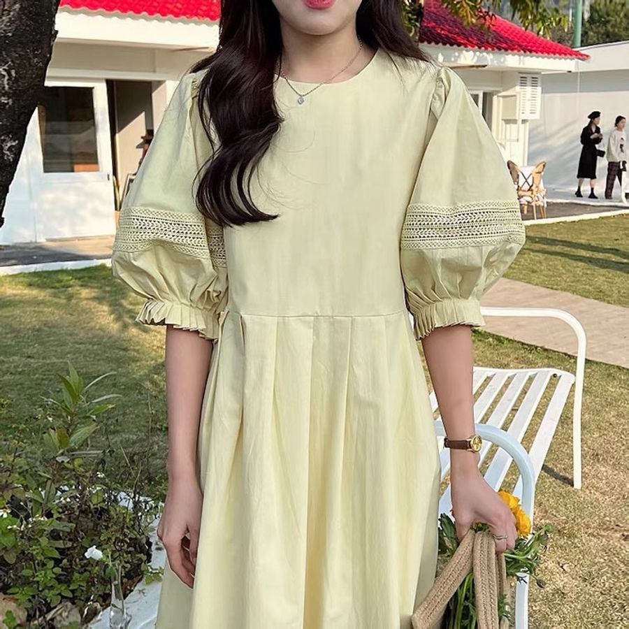 棉麻公主風鵝黃洋裝-1