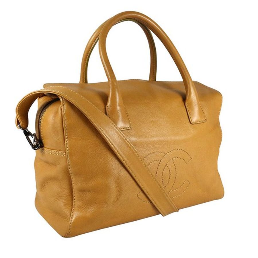 CHANEL 大logo小牛皮手提肩背包(牛奶糖色)_展示品 CH19000007-14