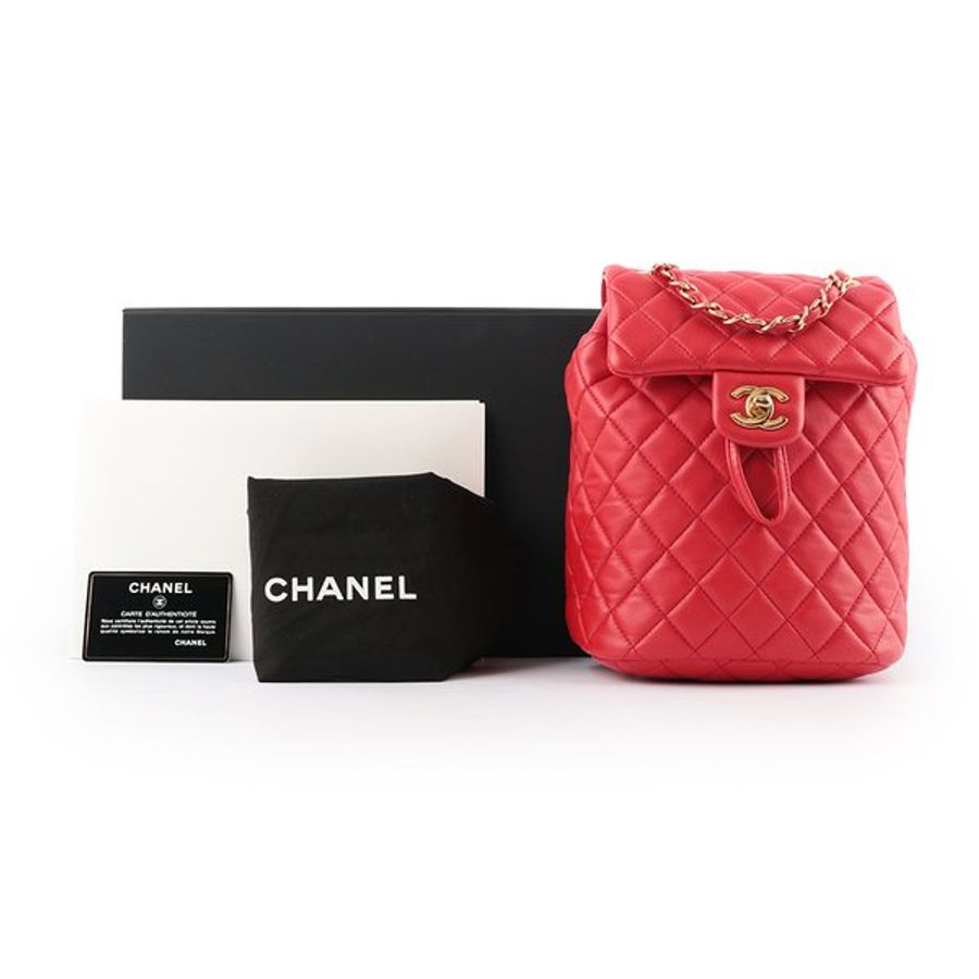 CHANEL 金釦小羊皮菱格紋翻蓋後背包(迷你)(紅色)_展示品-1