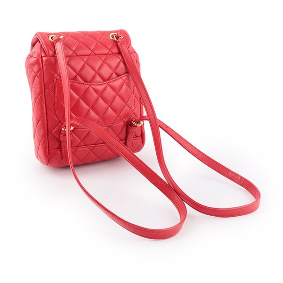 CHANEL 金釦小羊皮菱格紋翻蓋後背包(迷你)(紅色)_展示品-4
