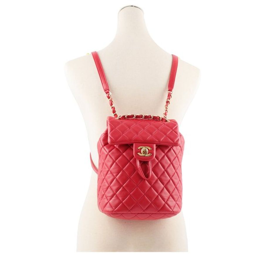 CHANEL 金釦小羊皮菱格紋翻蓋後背包(迷你)(紅色)_展示品-8