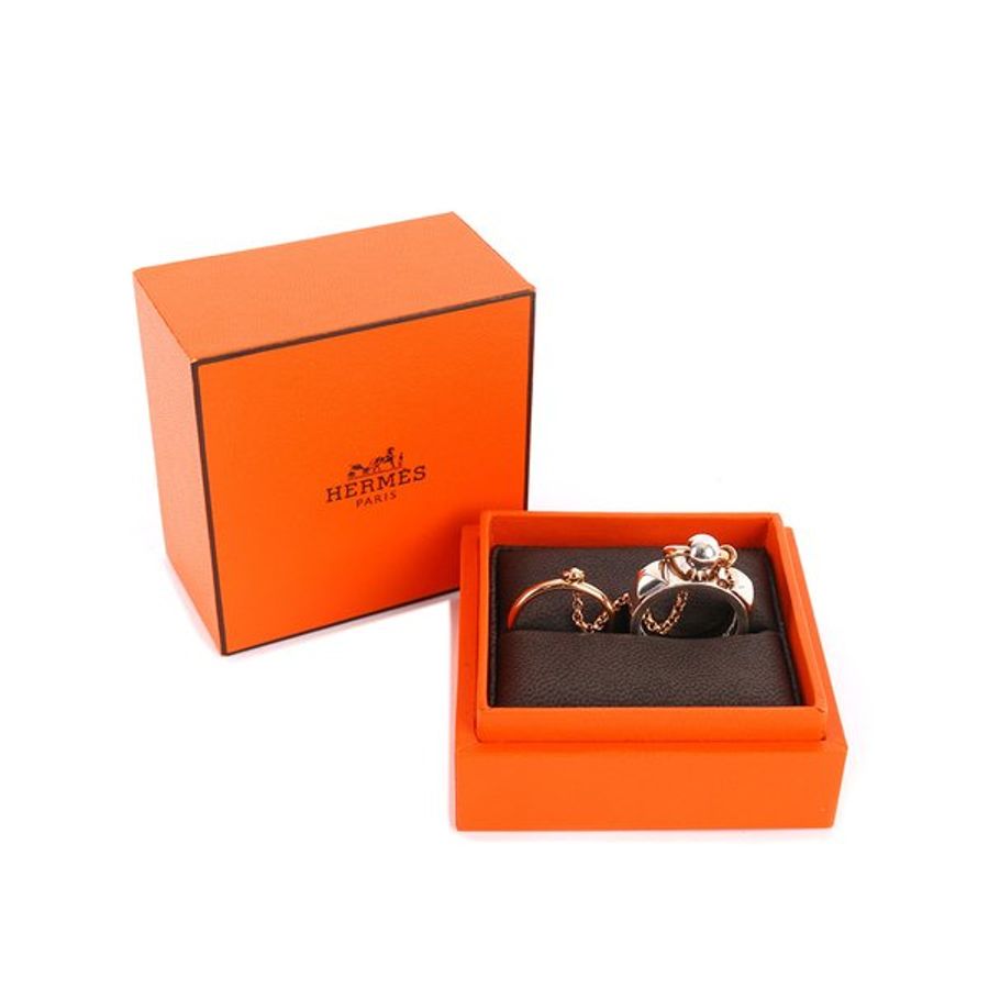 HERMES 水鑽+925純銀+玫瑰金AU750鏈帶雙環戒指_展示品 HE43000001-0