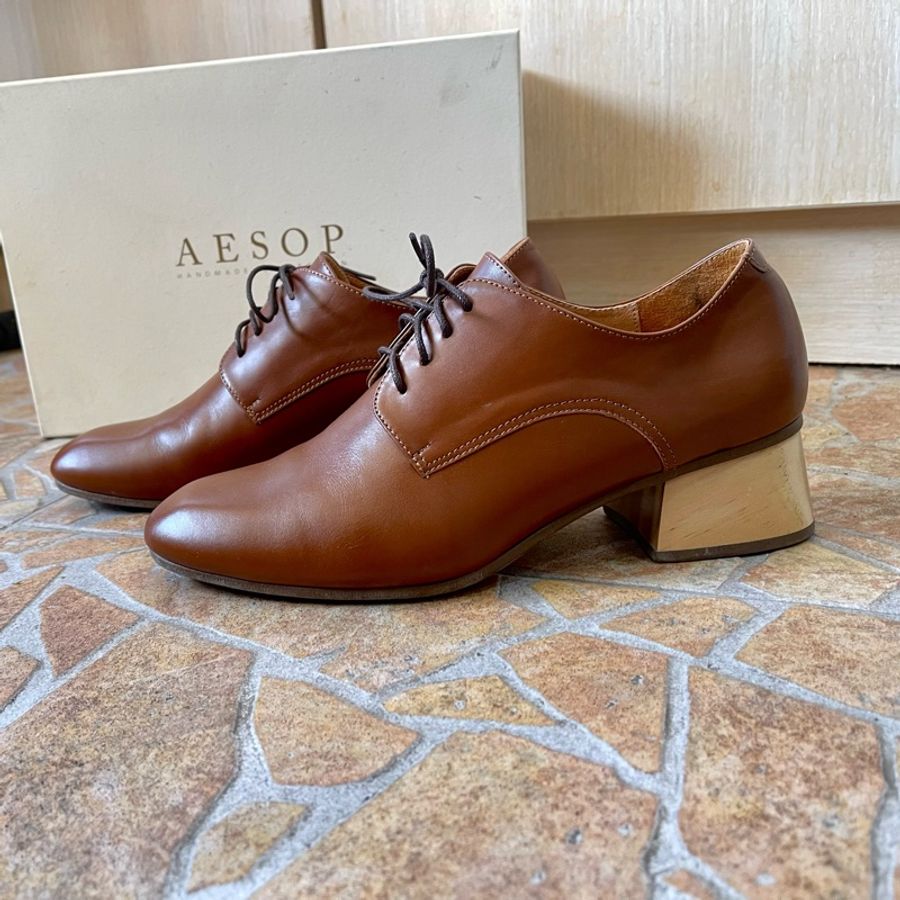 AESOP shoes 棕色真皮原木方根方頭德比鞋-4