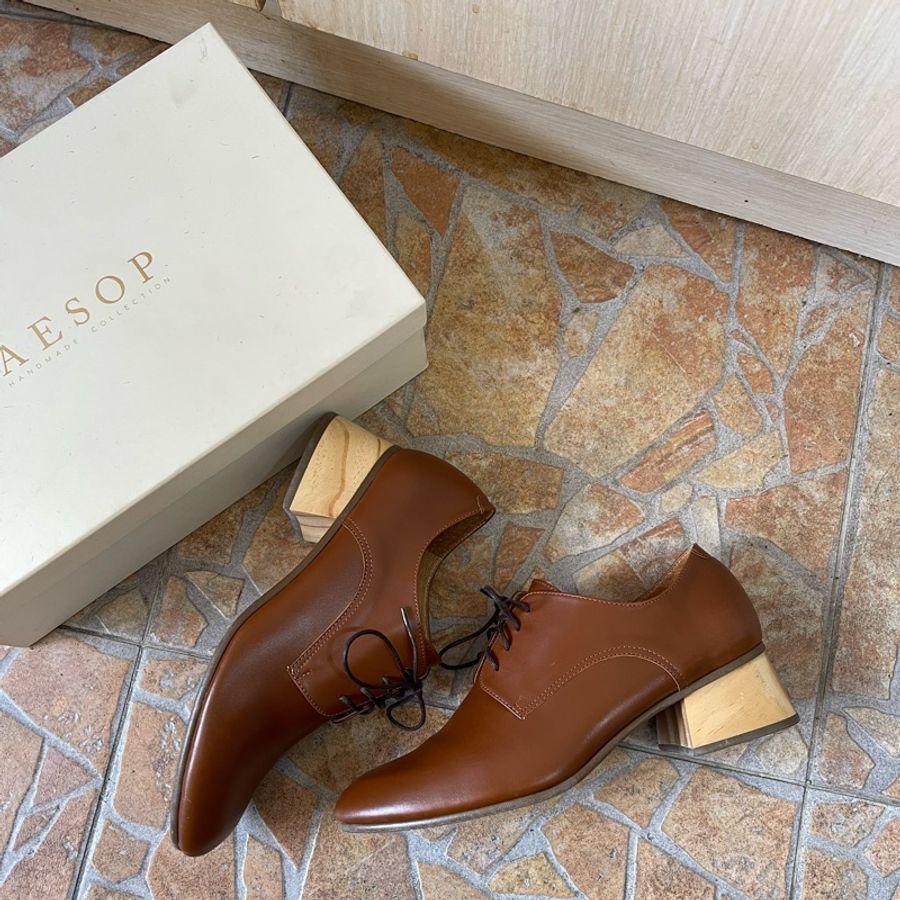 AESOP shoes 棕色真皮原木方根方頭德比鞋-6