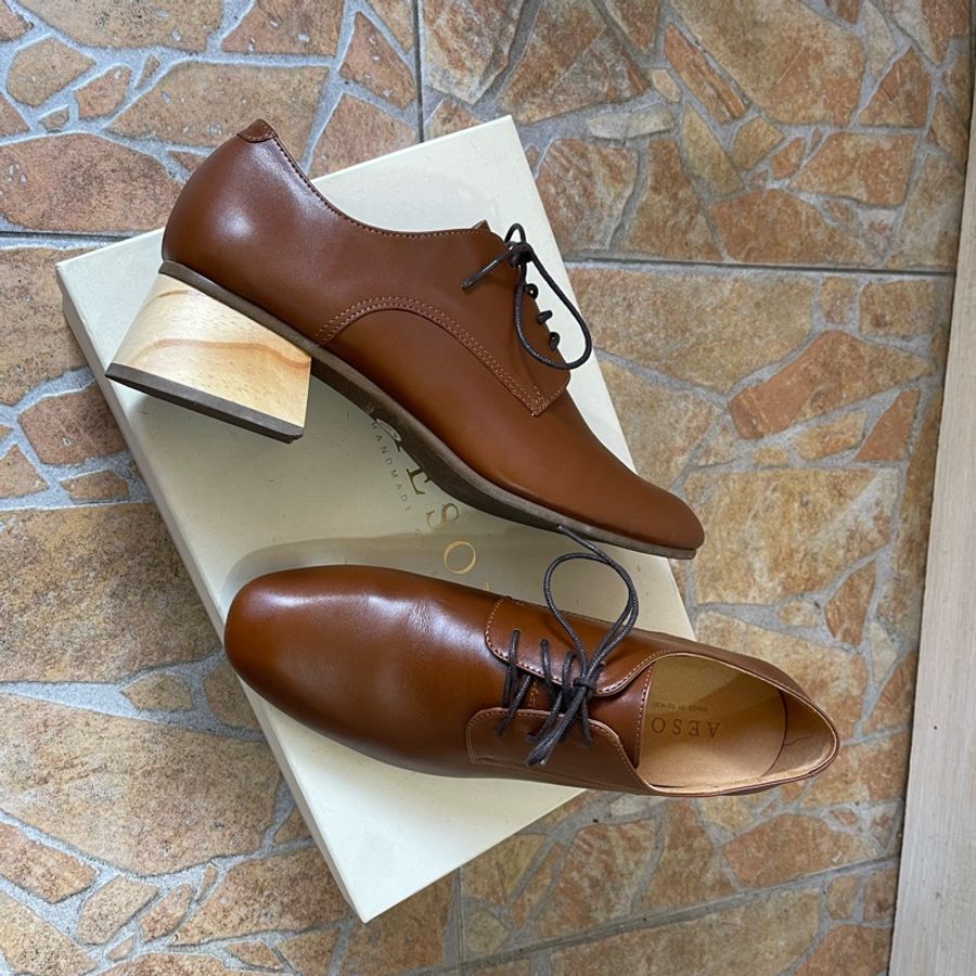 AESOP shoes 棕色真皮原木方根方頭德比鞋-8