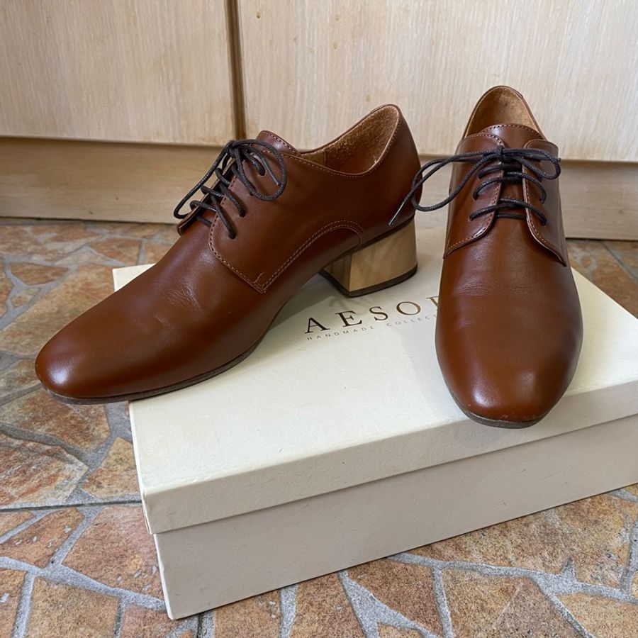 AESOP shoes 棕色真皮原木方根方頭德比鞋-9