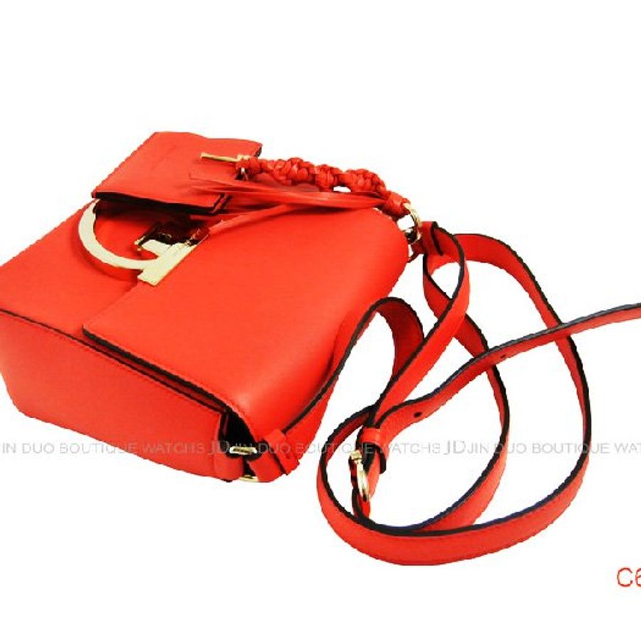 金鐸精品~C672 Salvatore Ferragamo Lock系列 紅珊瑚色小牛皮編織流蘇小型 側肩背包-2