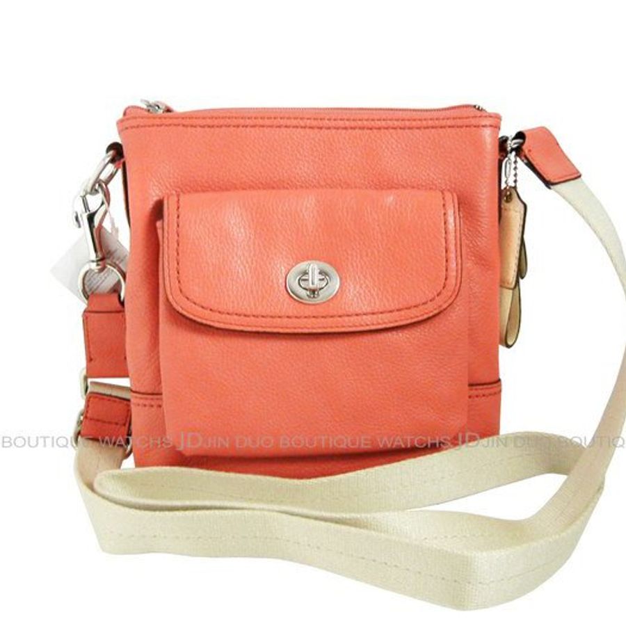 金鐸精品~2026 COACH F49170 粉橘色皮革紋小方包 側肩背包 全新品-0