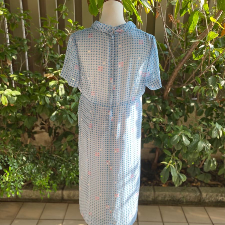 藏私·Collection_水藍色翻領鈕釦古著短袖洋裝-6
