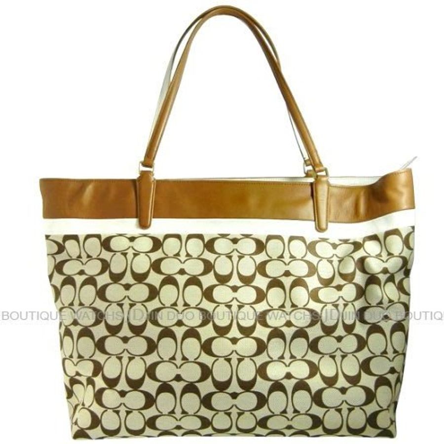 金鐸精品~1394 COACH 29423 卡其色織布C-LOGO拼駝色皮革專櫃款 肩背包 托特包 全新品-1