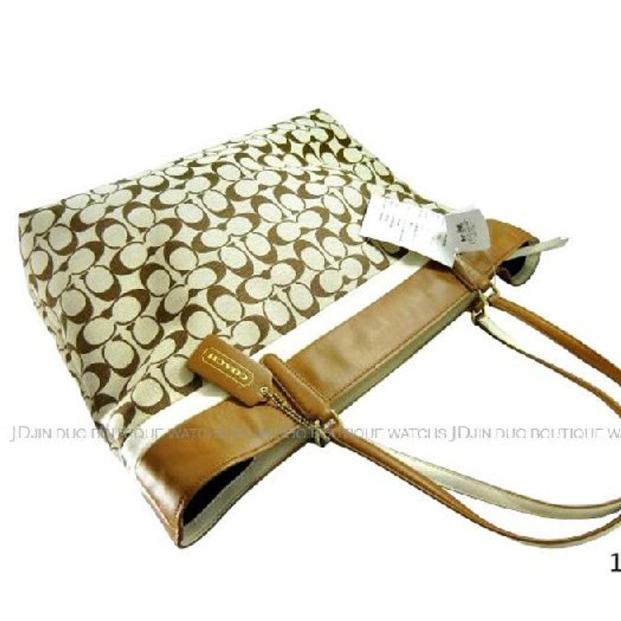金鐸精品~1394 COACH 29423 卡其色織布C-LOGO拼駝色皮革專櫃款 肩背包 托特包 全新品-2