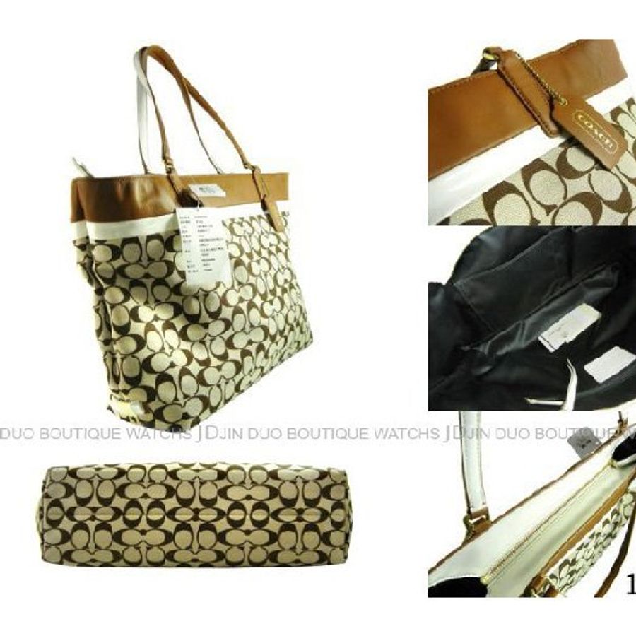 金鐸精品~1394 COACH 29423 卡其色織布C-LOGO拼駝色皮革專櫃款 肩背包 托特包 全新品-3