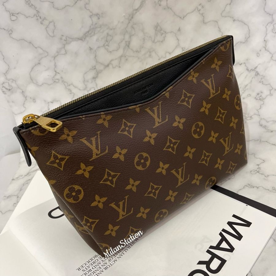 〈LV〉老花帆布拼黑色手拿包-0